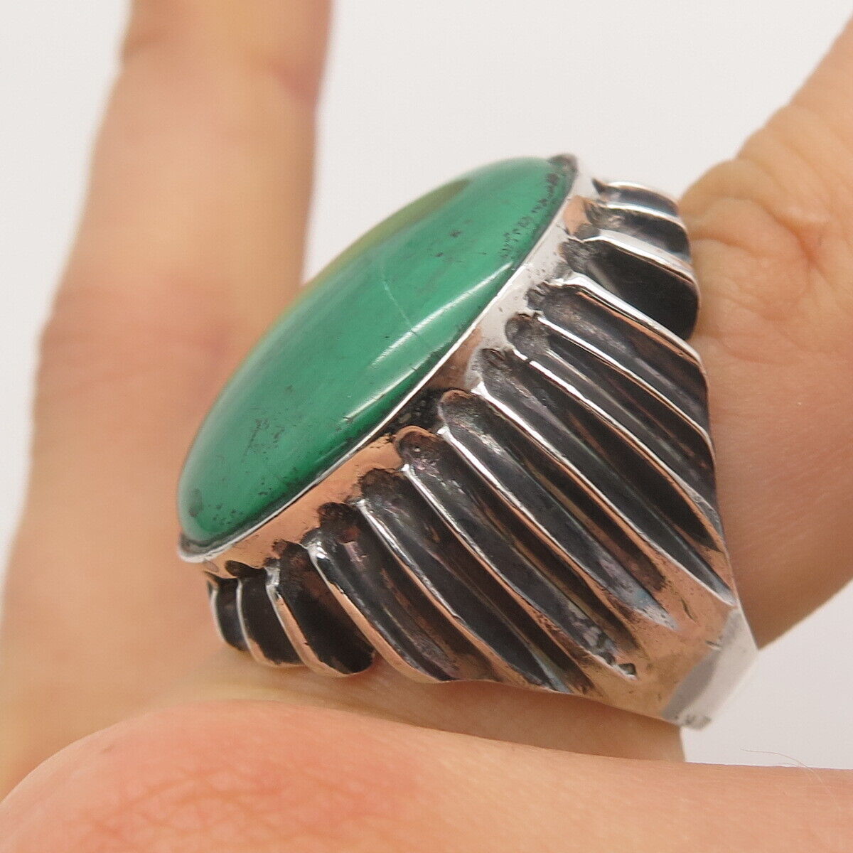 925 Sterling Silver Vintage Real Malachite Gemstone Statement Ring Size 7