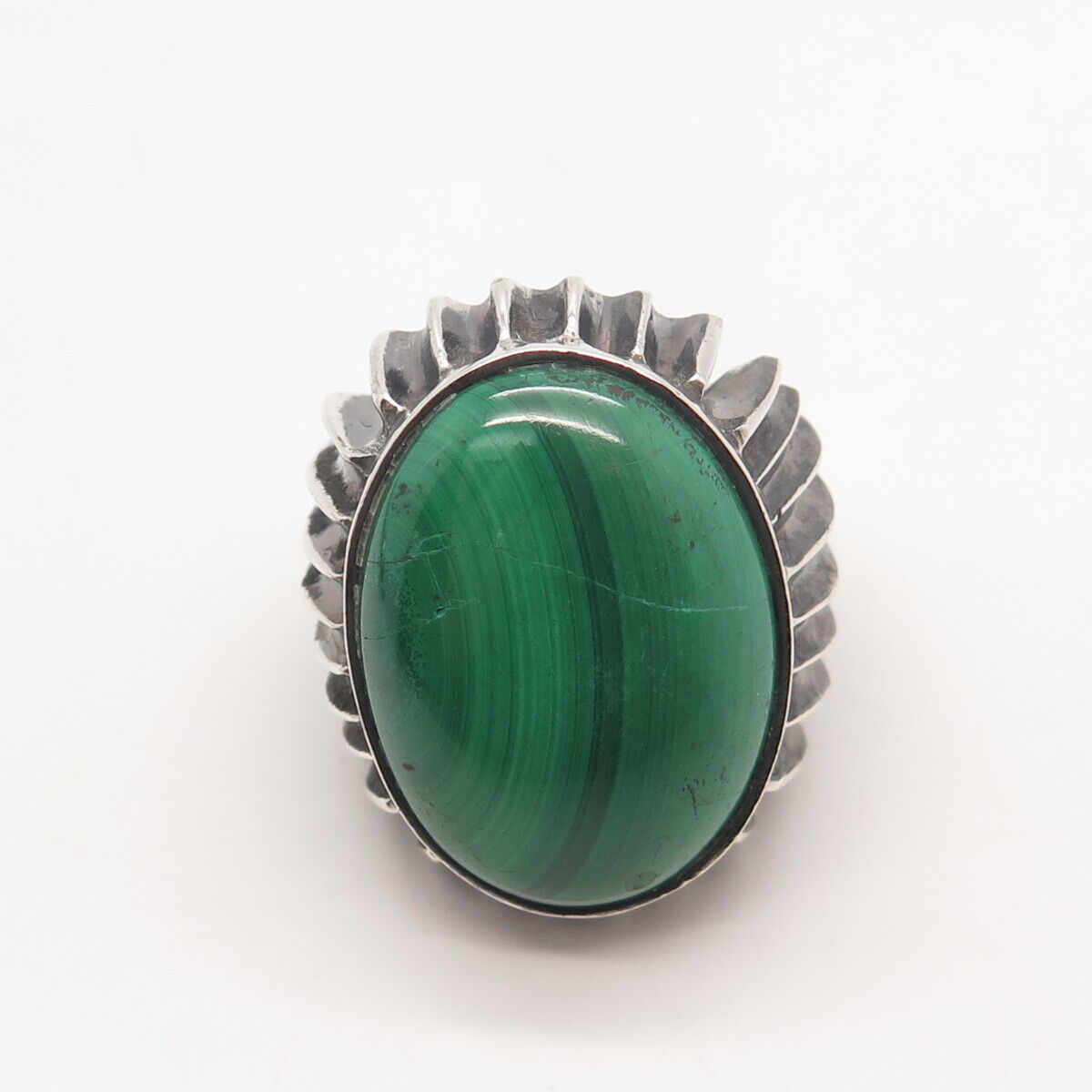 925 Sterling Silver Vintage Real Malachite Gemstone Statement Ring Size 7