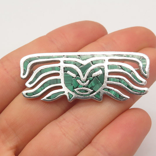 925 Sterling Silver Vintage Mexico Malachite Gem Inlay Face Tribal Pin Brooch