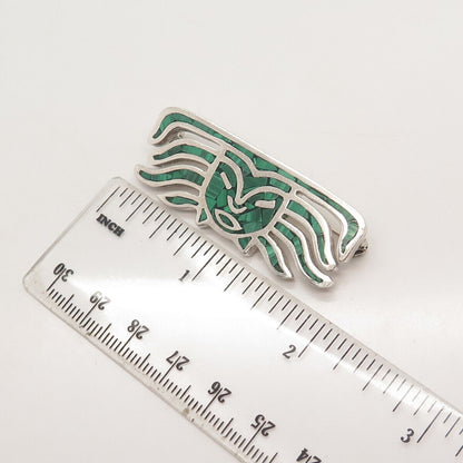 925 Sterling Silver Vintage Mexico Malachite Gem Inlay Face Tribal Pin Brooch