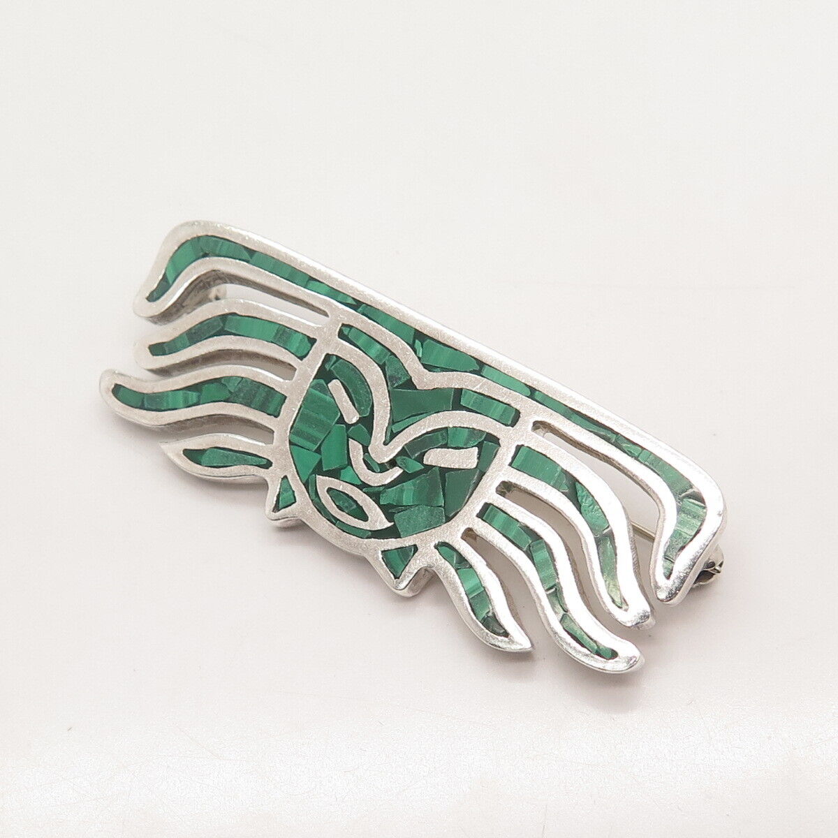 925 Sterling Silver Vintage Mexico Malachite Gem Inlay Face Tribal Pin Brooch