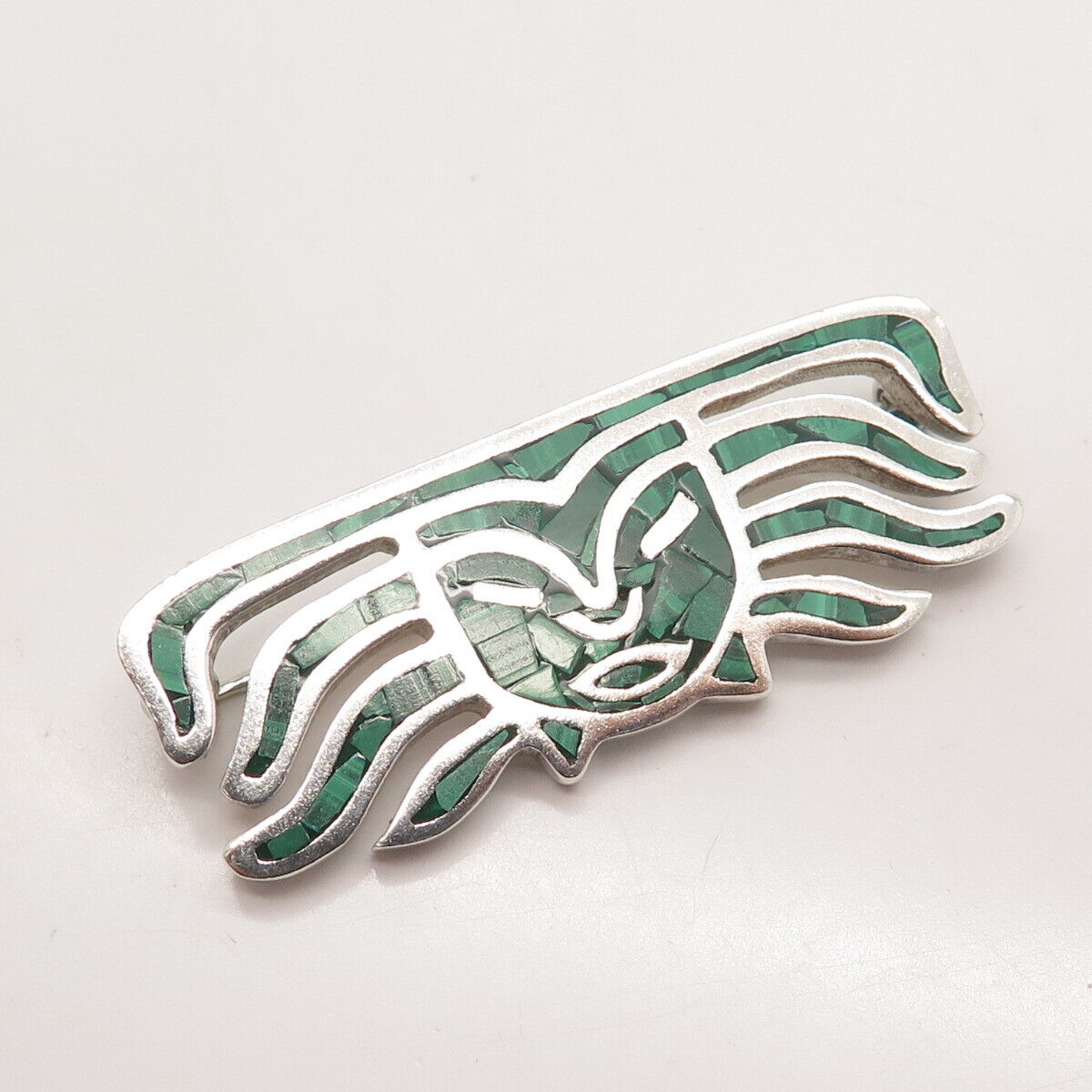 925 Sterling Silver Vintage Mexico Malachite Gem Inlay Face Tribal Pin Brooch