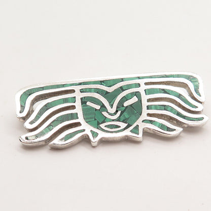 925 Sterling Silver Vintage Mexico Malachite Gem Inlay Face Tribal Pin Brooch