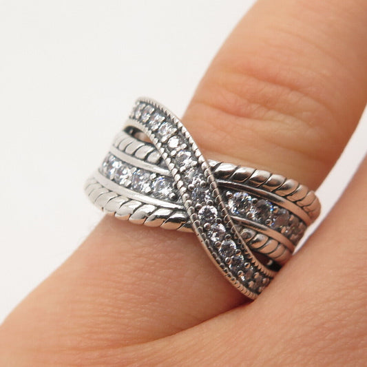 925 Sterling Silver Pave C Z Crossover Ring Size 6.75