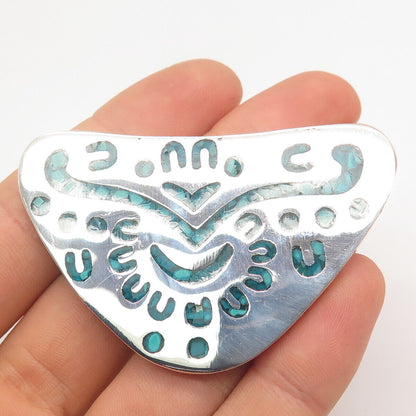 925 Sterling Silver Vintage Mexico Taxco Turquoise Gem Inlay Tribal Pin Brooch