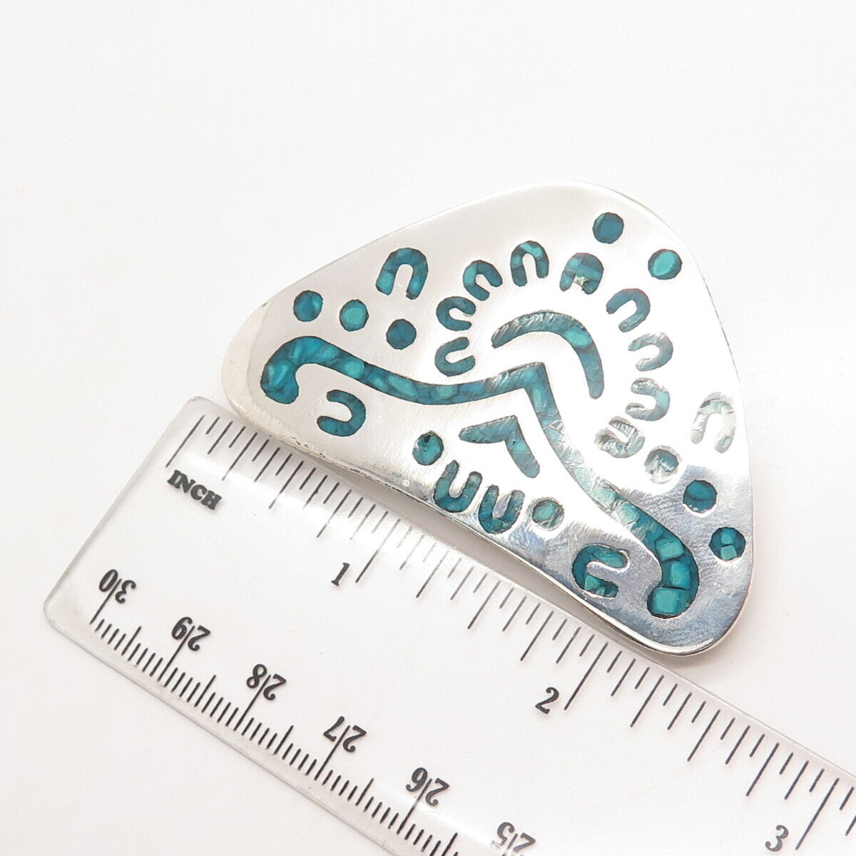 925 Sterling Silver Vintage Mexico Taxco Turquoise Gem Inlay Tribal Pin Brooch