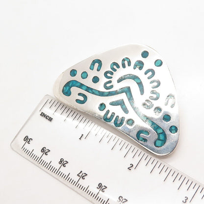 925 Sterling Silver Vintage Mexico Taxco Turquoise Gem Inlay Tribal Pin Brooch