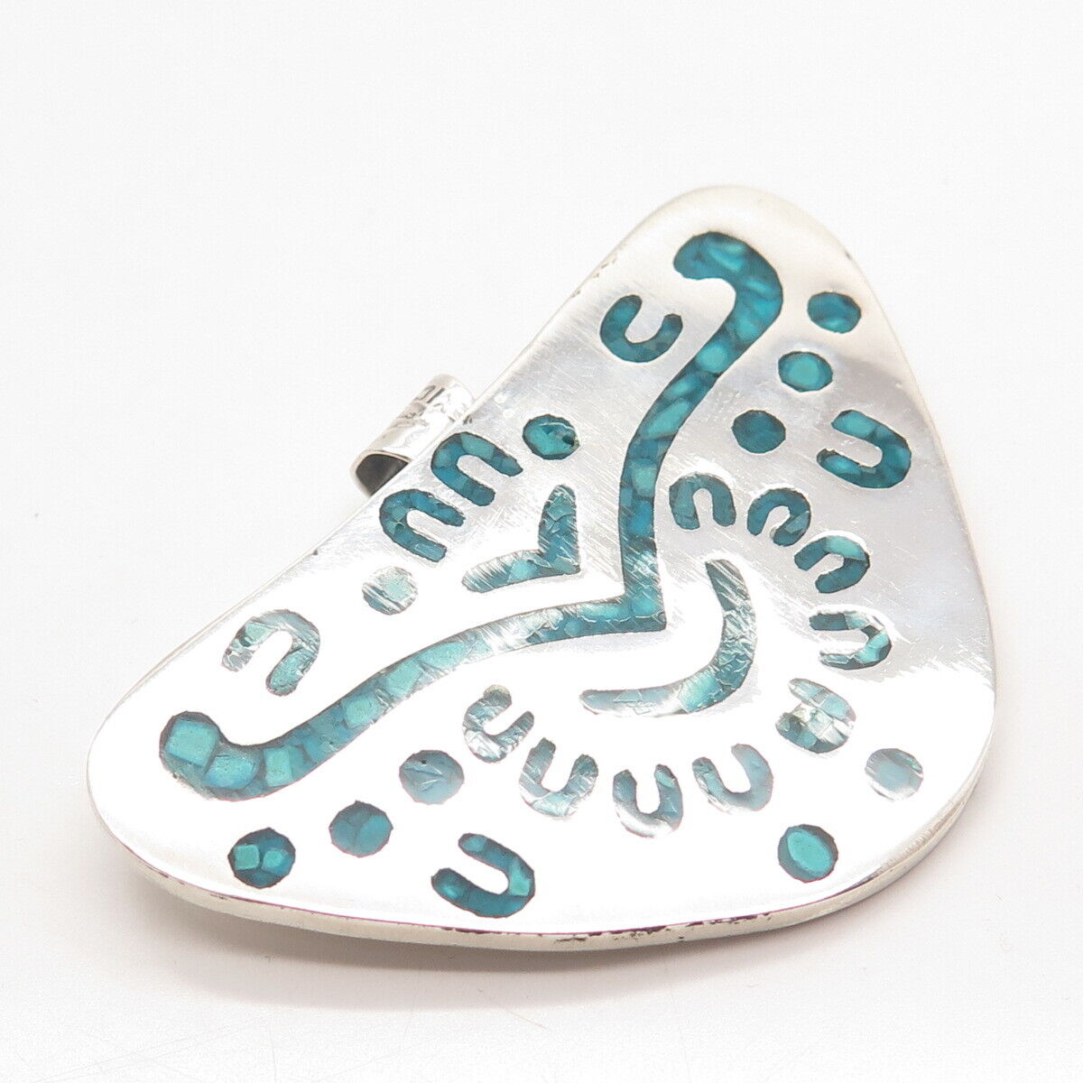 925 Sterling Silver Vintage Mexico Taxco Turquoise Gem Inlay Tribal Pin Brooch