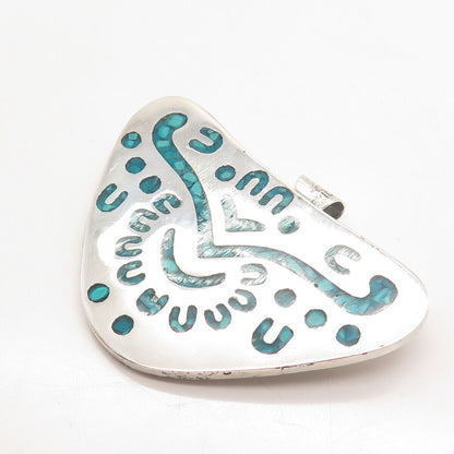 925 Sterling Silver Vintage Mexico Taxco Turquoise Gem Inlay Tribal Pin Brooch