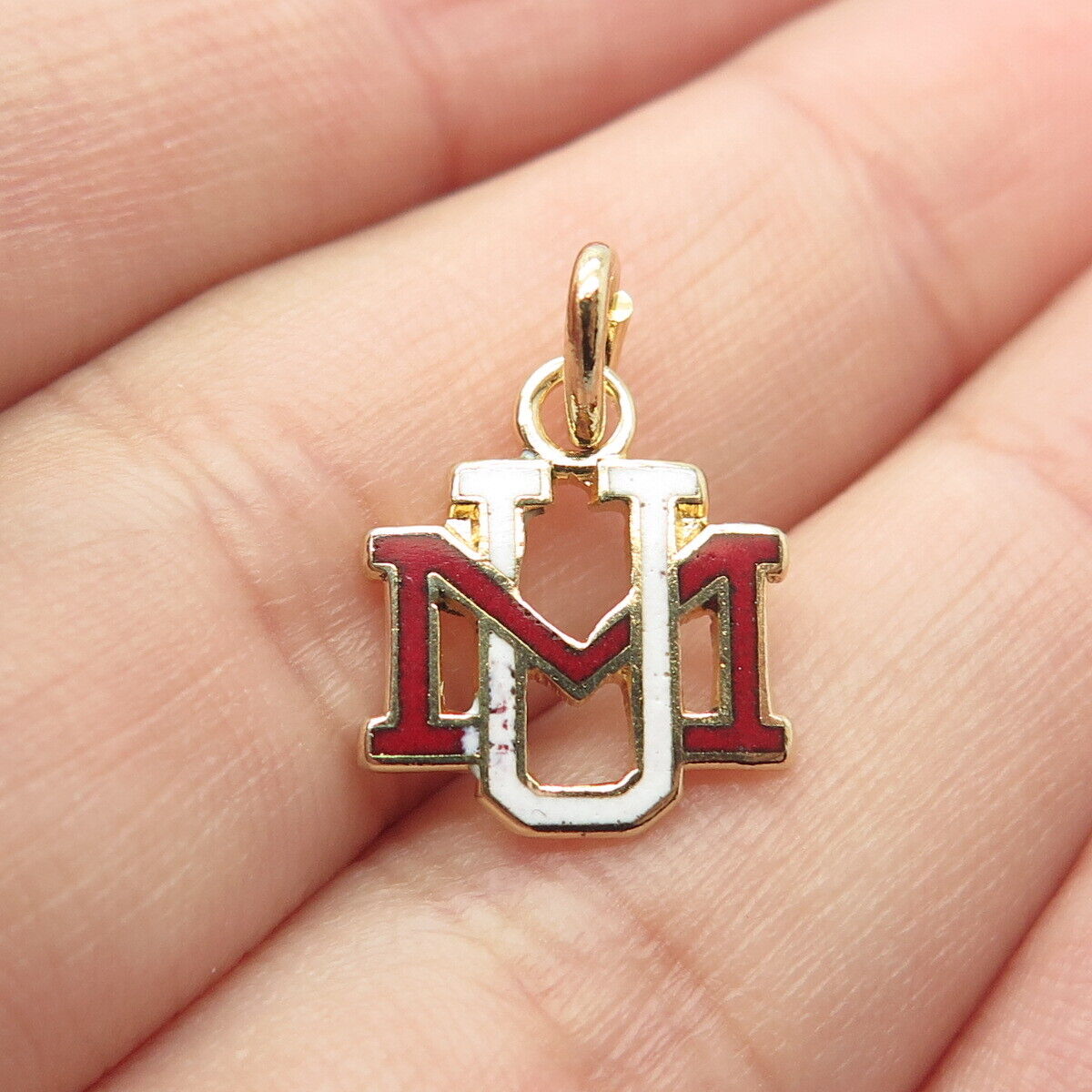 925 Sterling Silver Gold-Plated Vintage Enamel "MU" Charm Pendant