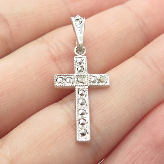 925 Sterling Silver Vintage Theda Real Marcasite Gem Cross Pendant