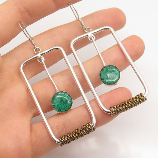 925 Sterling Silver 2-Tone Vintage Real Malachite & Black Onyx Gemstone Earrings