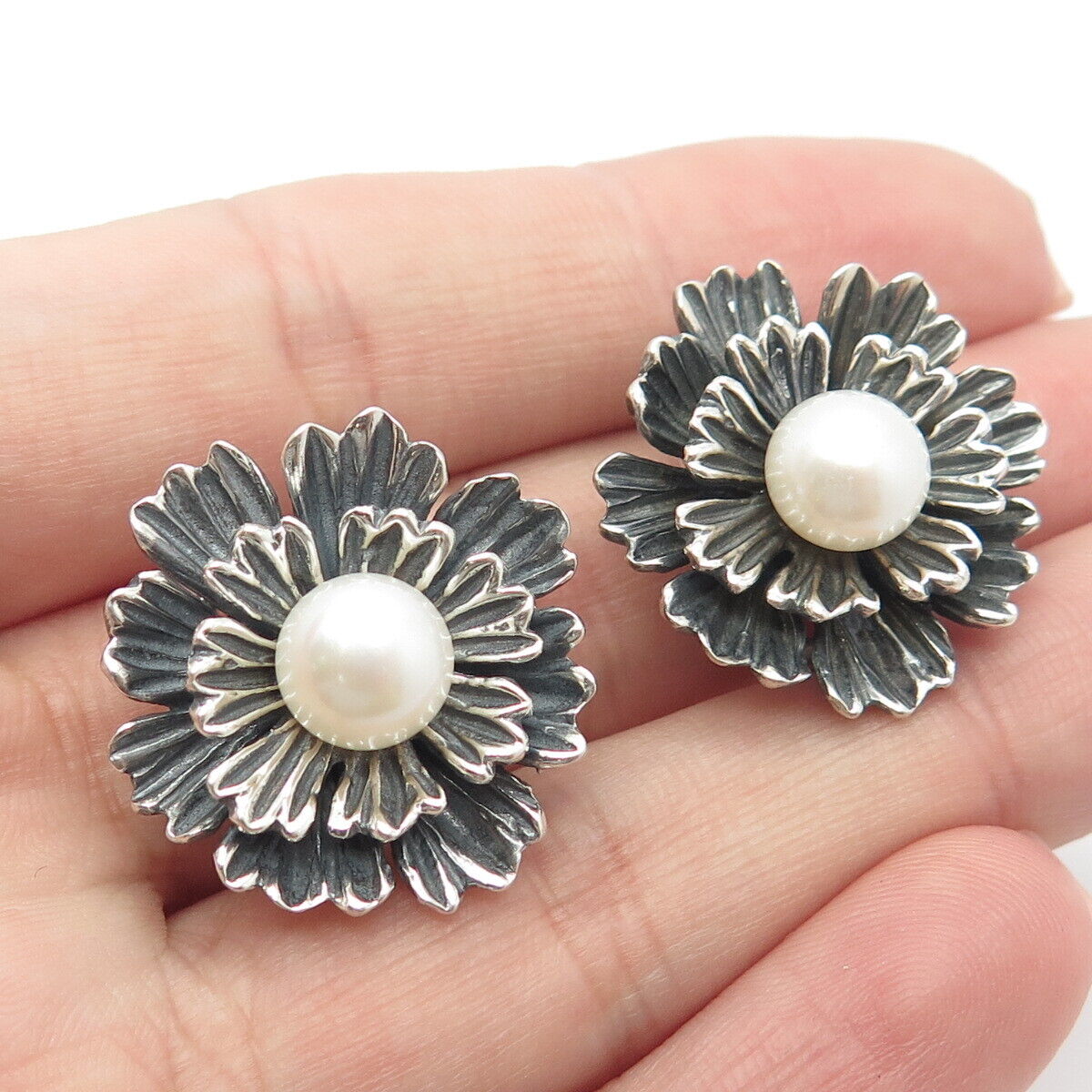 925 Sterling Silver Vintage ESPO SIG Real Pearl Floral Earrings