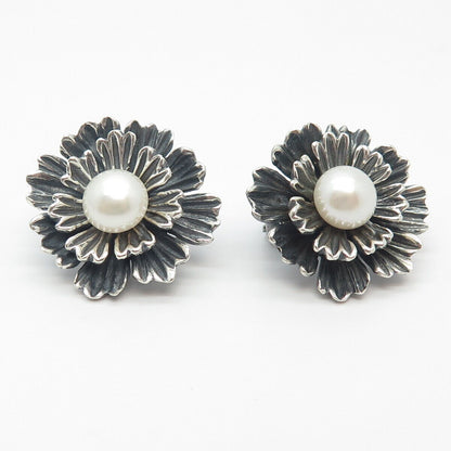 925 Sterling Silver Vintage ESPO SIG Real Pearl Floral Earrings