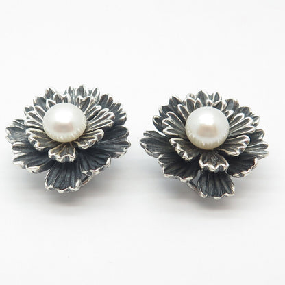 925 Sterling Silver Vintage ESPO SIG Real Pearl Floral Earrings