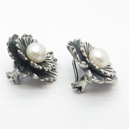 925 Sterling Silver Vintage ESPO SIG Real Pearl Floral Earrings