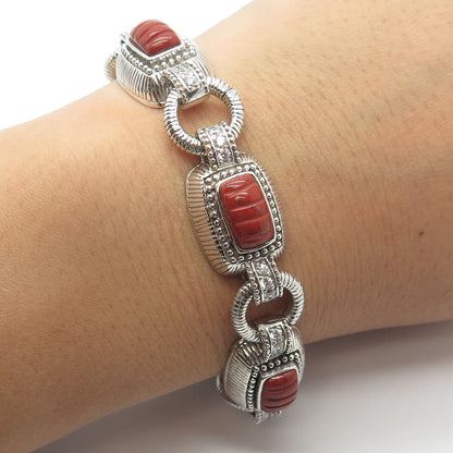 925 Sterling Silver Judith Ripka Real Coral & C Z Station Link Bracelet 7"