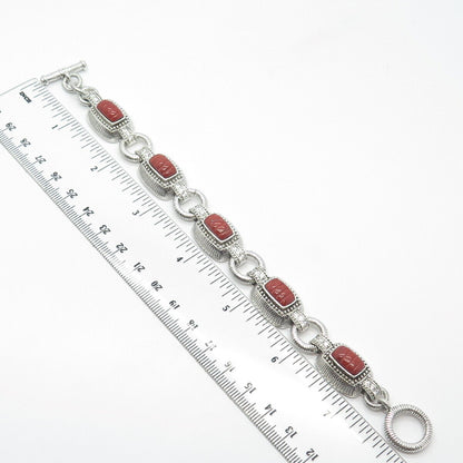 925 Sterling Silver Judith Ripka Real Coral & C Z Station Link Bracelet 7"