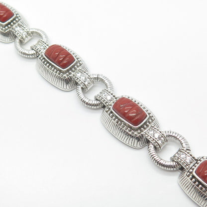 925 Sterling Silver Judith Ripka Real Coral & C Z Station Link Bracelet 7"