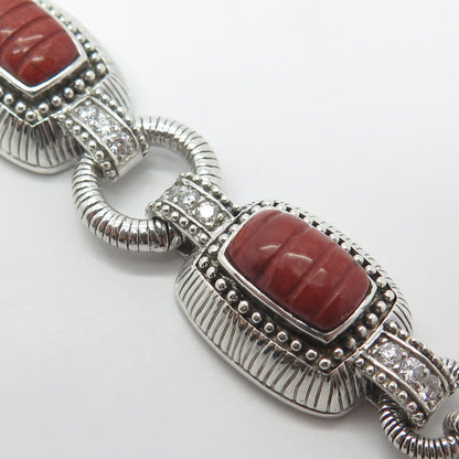 925 Sterling Silver Judith Ripka Real Coral & C Z Station Link Bracelet 7"