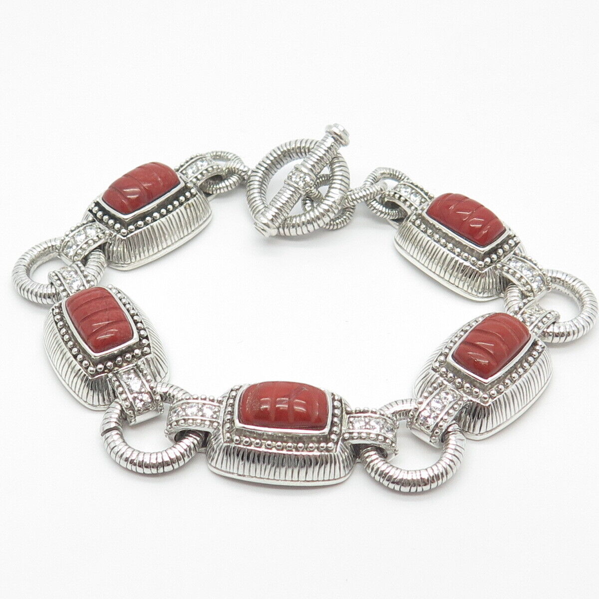 925 Sterling Silver Judith Ripka Real Coral & C Z Station Link Bracelet 7"