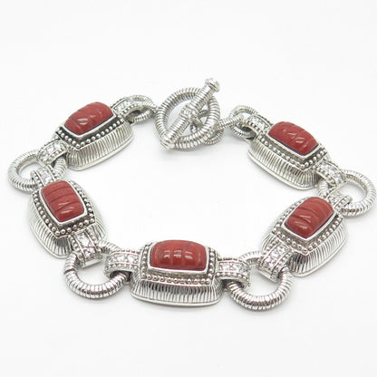 925 Sterling Silver Judith Ripka Real Coral & C Z Station Link Bracelet 7"