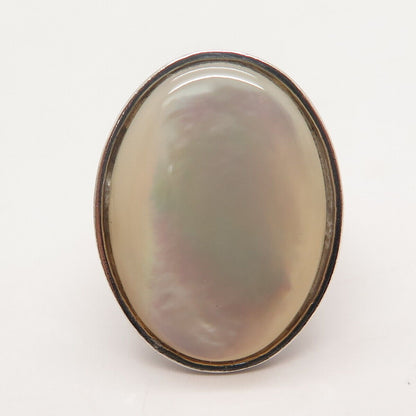 925 Sterling Silver Vintage Real Mother-of-Pearl Oval Signet Ring Size 6.25