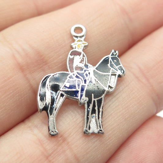 925 Sterling Silver Vintage BMCo Colorful Enamel Horse & Rider Charm Pendant