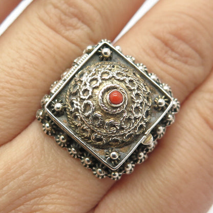 925 Sterling Silver Antique Real Coral Inlay Cannetille Locket Ring Size 6.25