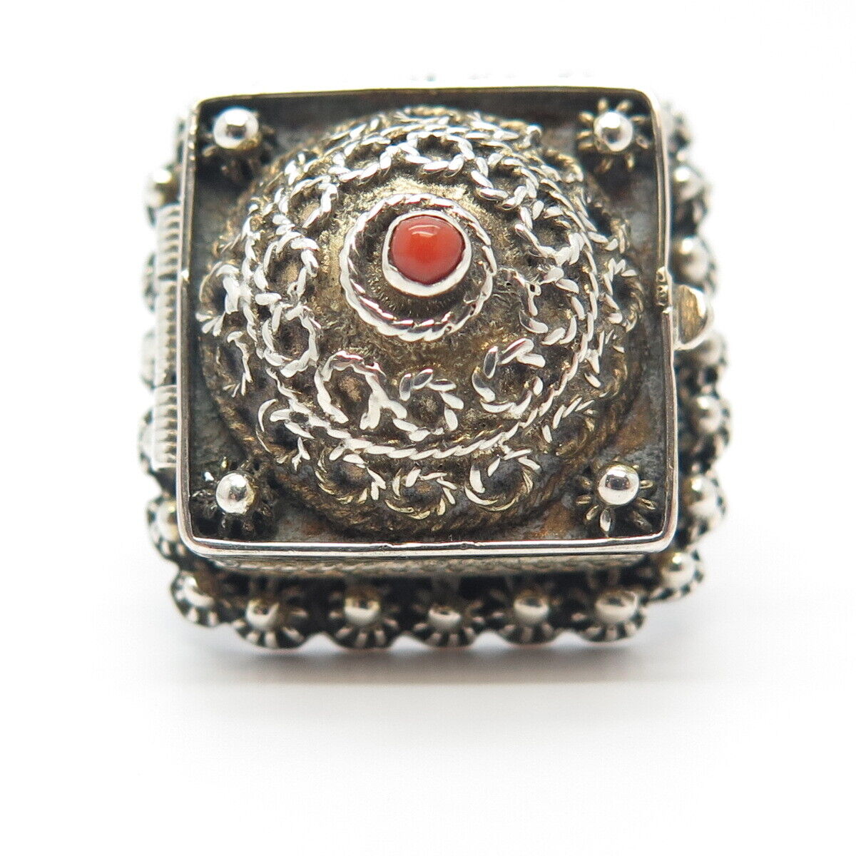 925 Sterling Silver Antique Real Coral Inlay Cannetille Locket Ring Size 6.25