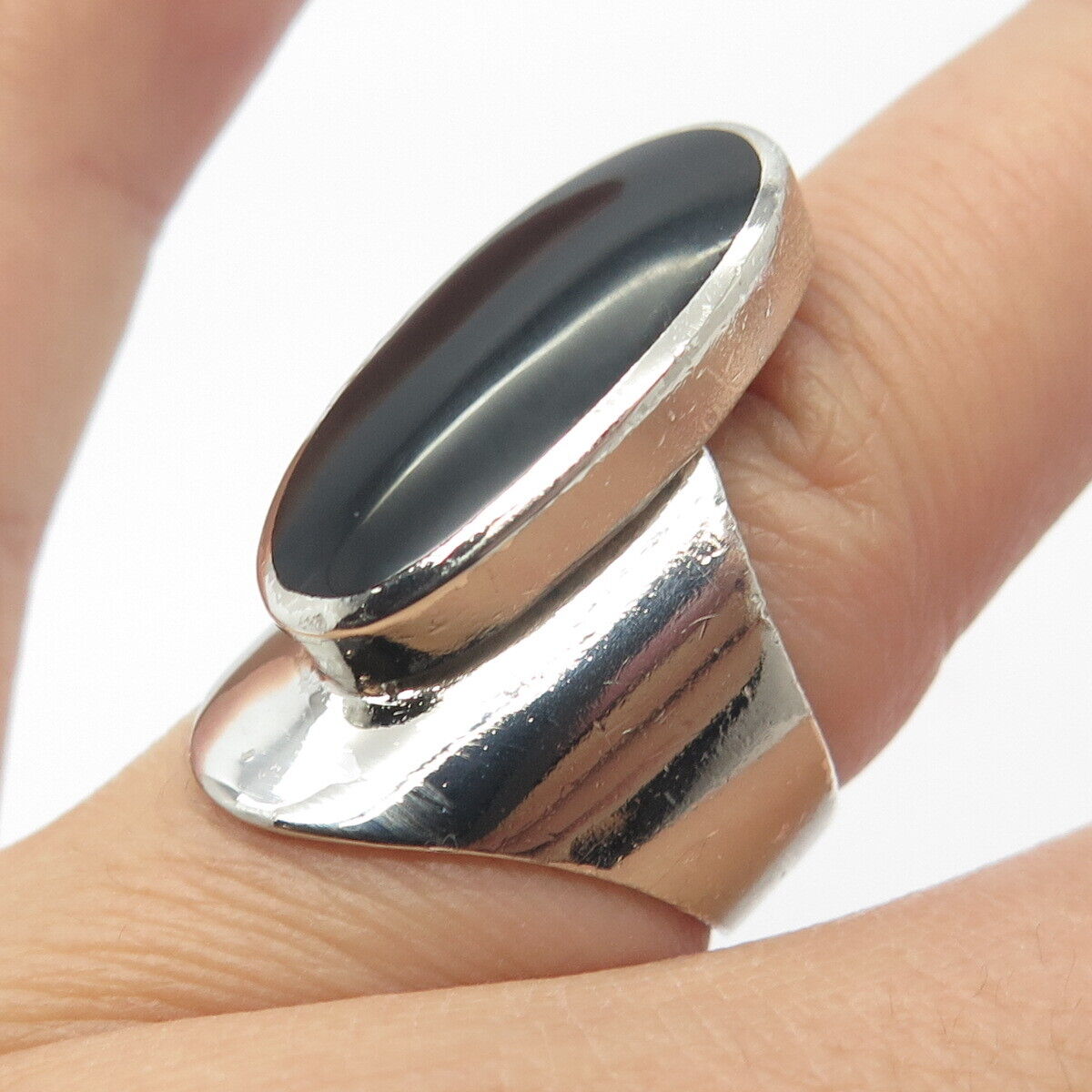 925 Sterling Silver Vintage Real Black Onyx Gem Statement Ring Size 7