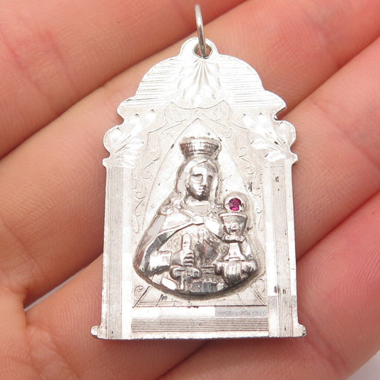 925 Sterling Silver Vintage Real Pink Sapphire Gemstone Religious Theme Pendant