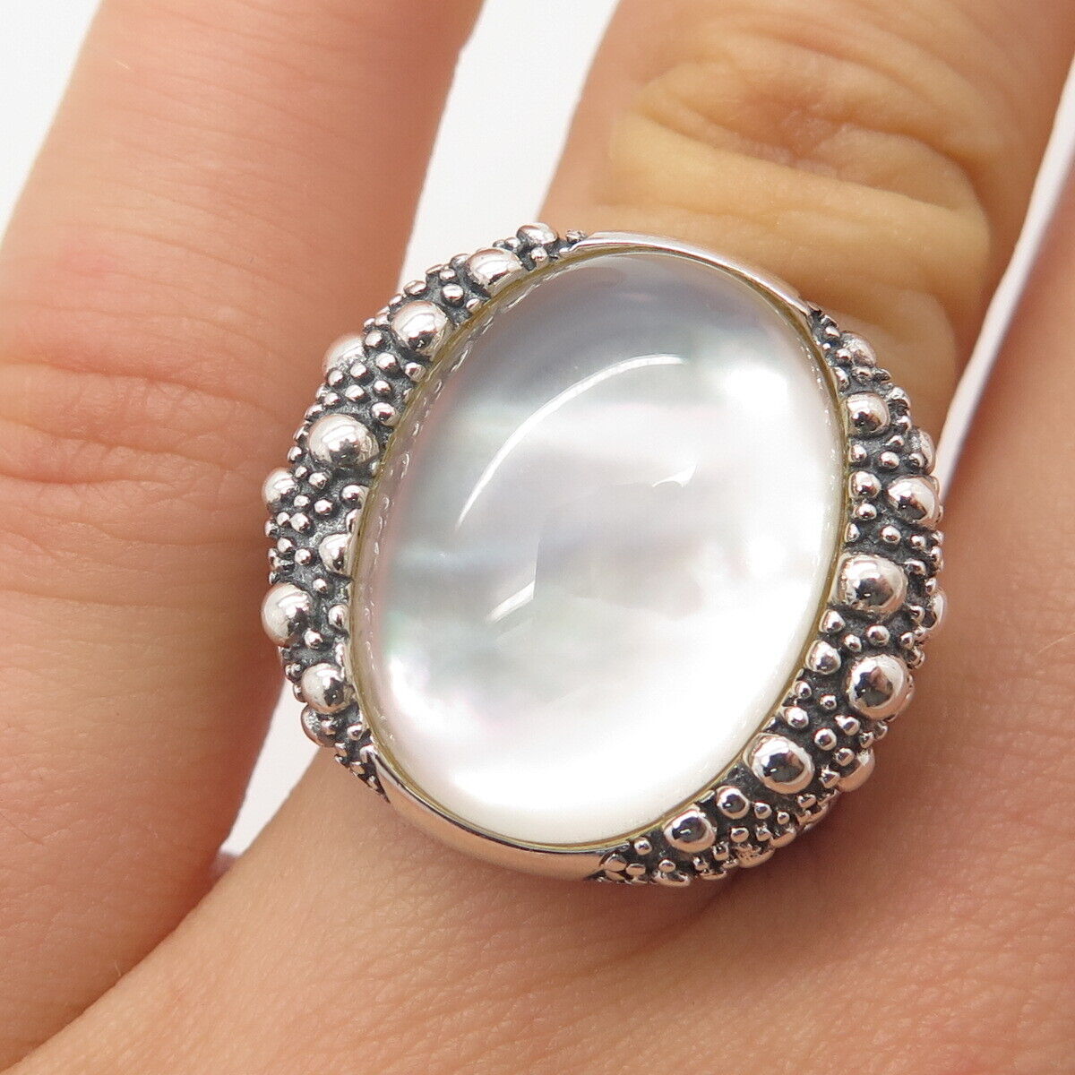 925 Sterling Silver Michael Dawkins Real Doublet Mother-of-Pearl Ring Size 7