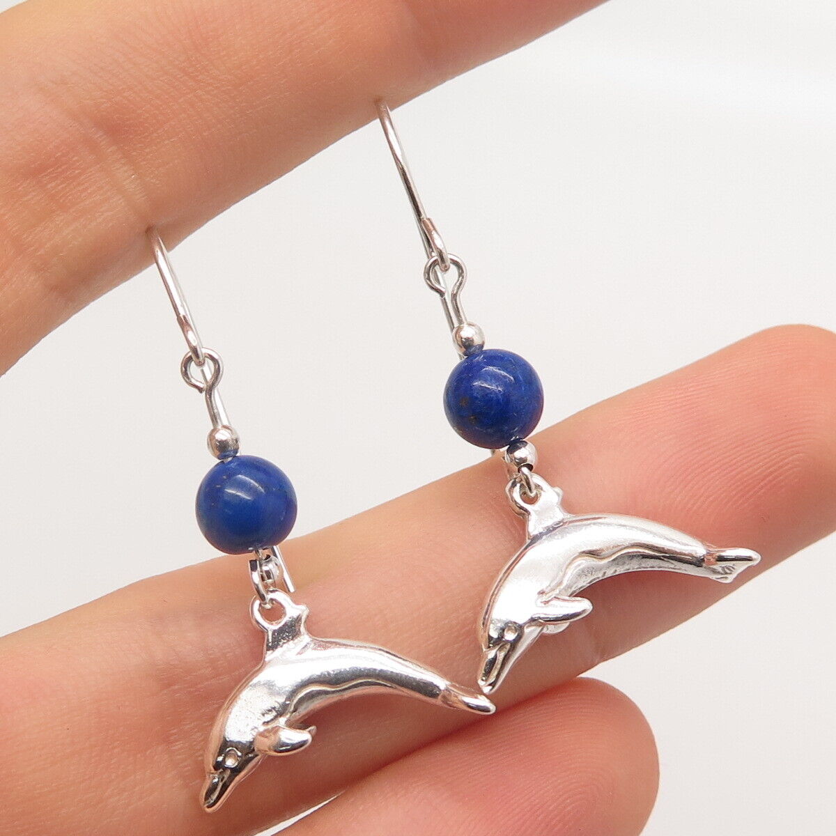 925 Sterling Silver Vintage Lapis Lazuli Gem Friendly Dolphin Dangling Earrings