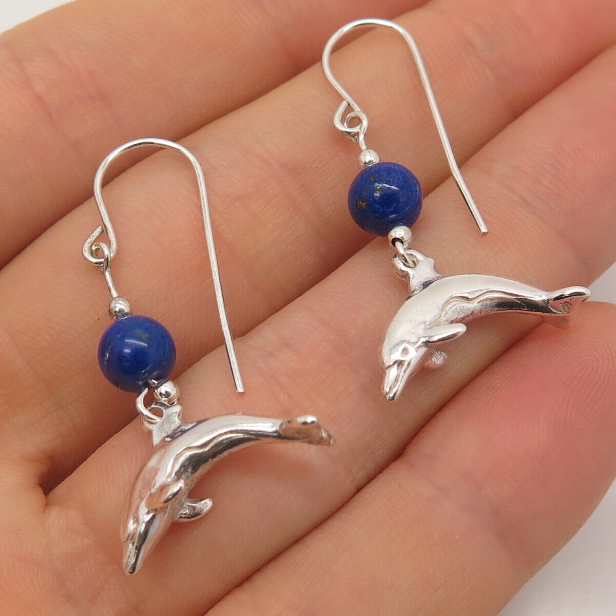 925 Sterling Silver Vintage Lapis Lazuli Gem Friendly Dolphin Dangling Earrings