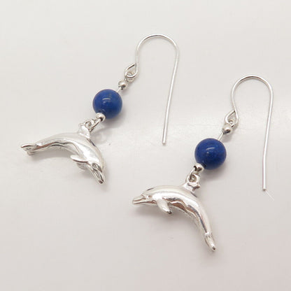 925 Sterling Silver Vintage Lapis Lazuli Gem Friendly Dolphin Dangling Earrings