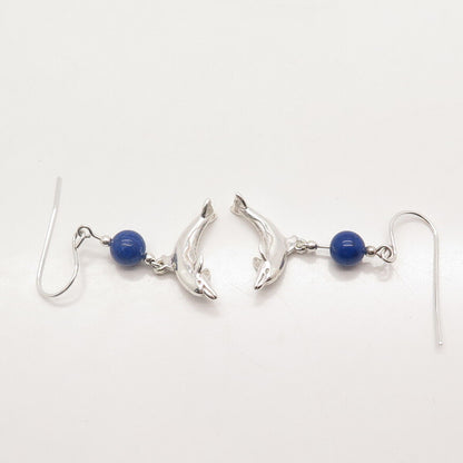 925 Sterling Silver Vintage Lapis Lazuli Gem Friendly Dolphin Dangling Earrings