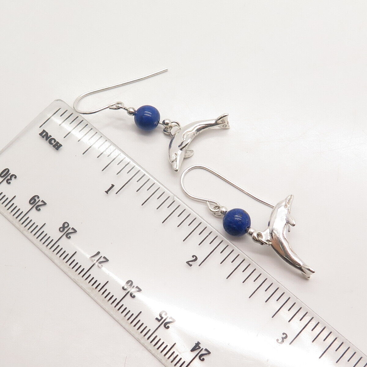 925 Sterling Silver Vintage Lapis Lazuli Gem Friendly Dolphin Dangling Earrings