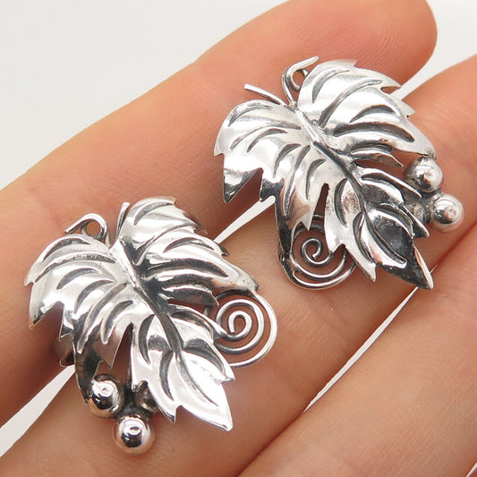 925 Sterling Silver Vintage Mexico Grape Leaf Screw Back Earrings