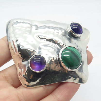 925 Sterling Silver Vintage Real Malachite & Amethyst Gem Hammered Pin Brooch