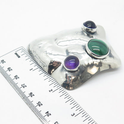 925 Sterling Silver Vintage Real Malachite & Amethyst Gem Hammered Pin Brooch