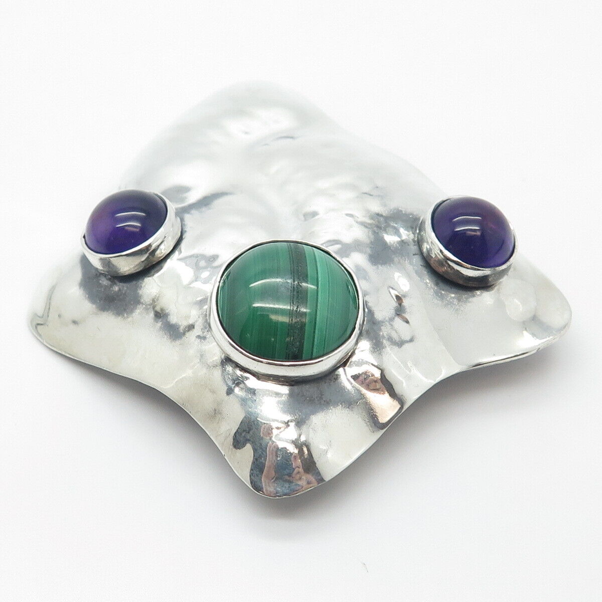 925 Sterling Silver Vintage Real Malachite & Amethyst Gem Hammered Pin Brooch