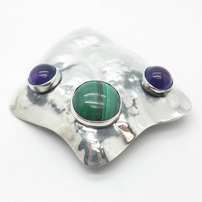 925 Sterling Silver Vintage Real Malachite & Amethyst Gem Hammered Pin Brooch