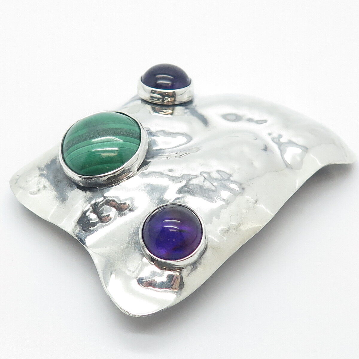 925 Sterling Silver Vintage Real Malachite & Amethyst Gem Hammered Pin Brooch