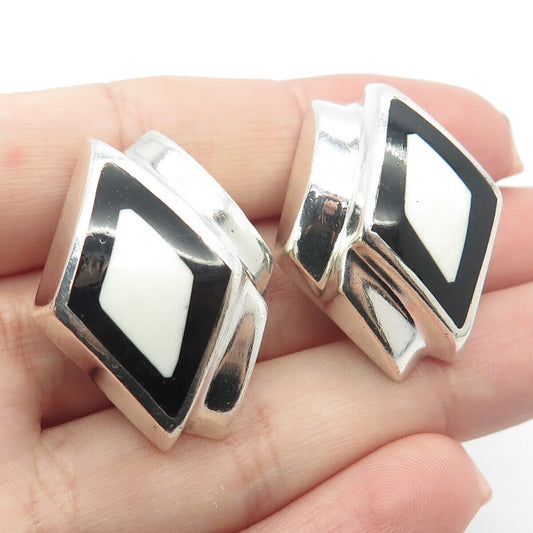 925 Sterling Silver Vintage Zina Real Black Onyx Gem & Enamel Clip On Earrings