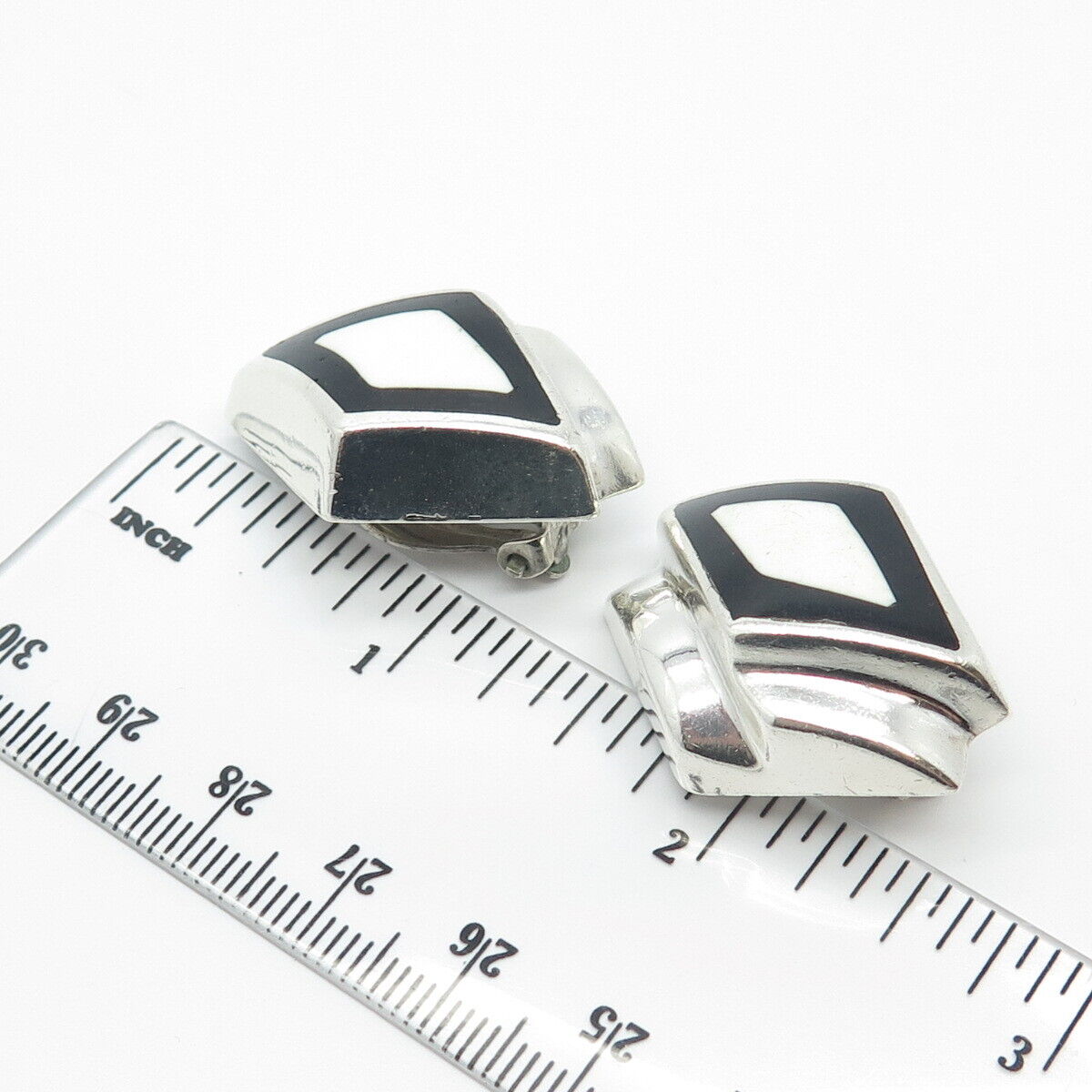 925 Sterling Silver Vintage Zina Real Black Onyx Gem & Enamel Clip On Earrings