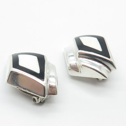 925 Sterling Silver Vintage Zina Real Black Onyx Gem & Enamel Clip On Earrings