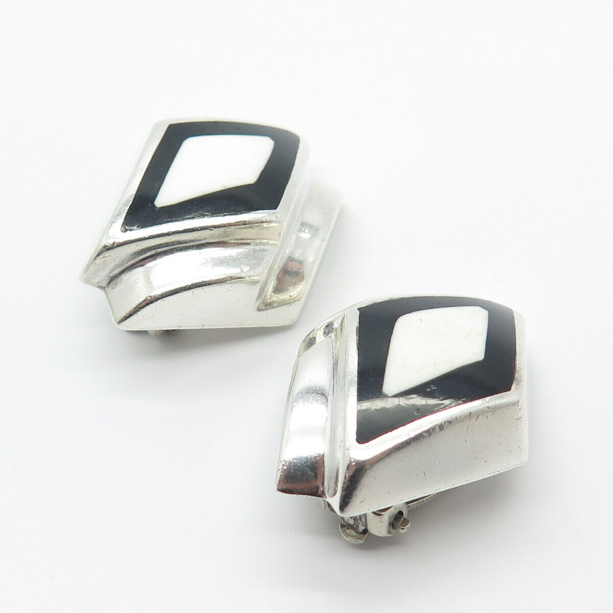 925 Sterling Silver Vintage Zina Real Black Onyx Gem & Enamel Clip On Earrings