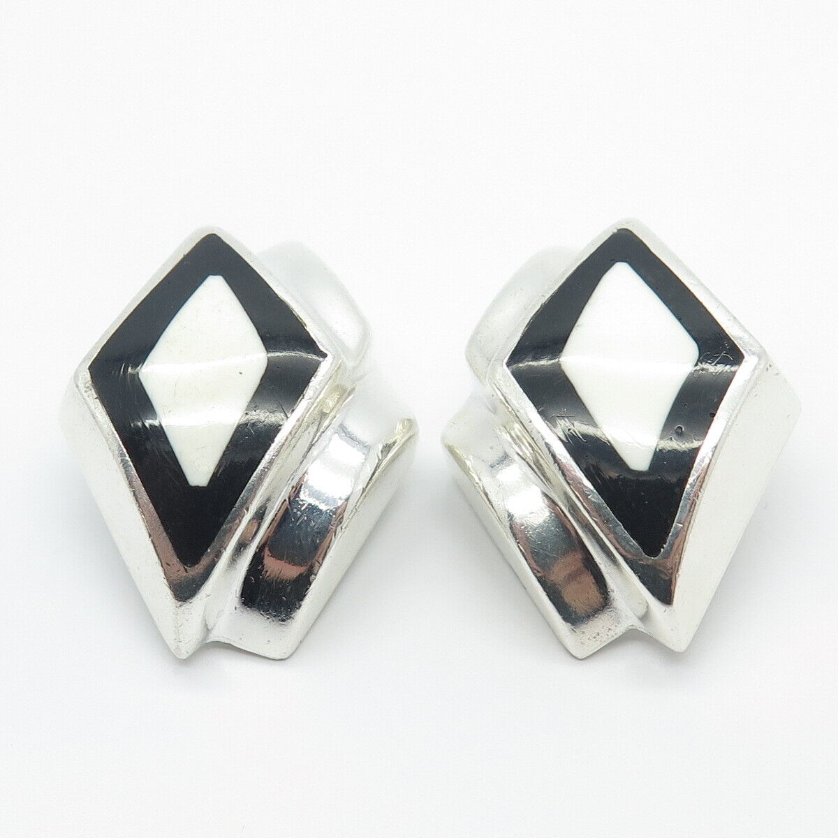 925 Sterling Silver Vintage Zina Real Black Onyx Gem & Enamel Clip On Earrings