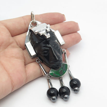 925 Sterling Silver Vintage Mexico Real Black Green Onyx Gem Tribal Face Pendant